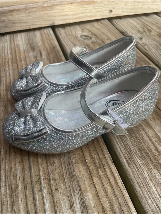Cherokee Girls Silver Glitter Mary Jane Bow Dress Shoes Size 9