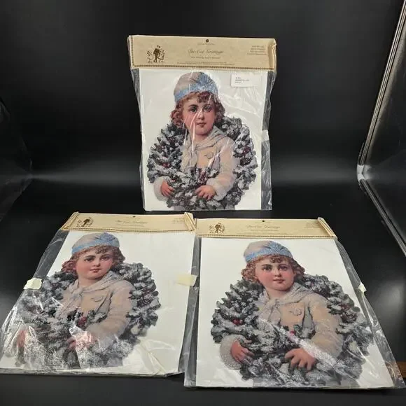 3 Vintage Style Die-Cut Greetings Boy with Wreath Christmas Cards Old Print