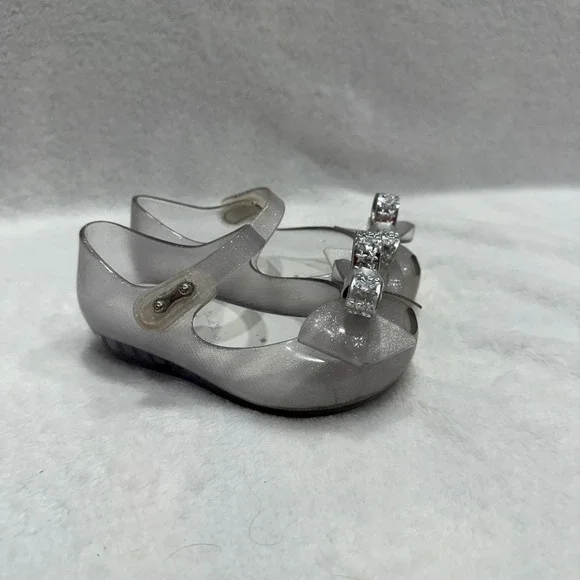 Mini Melissa‎ Glitter Bow Jelly Mary Jane Flats Size 7 Toddler Kids Silver Shoes