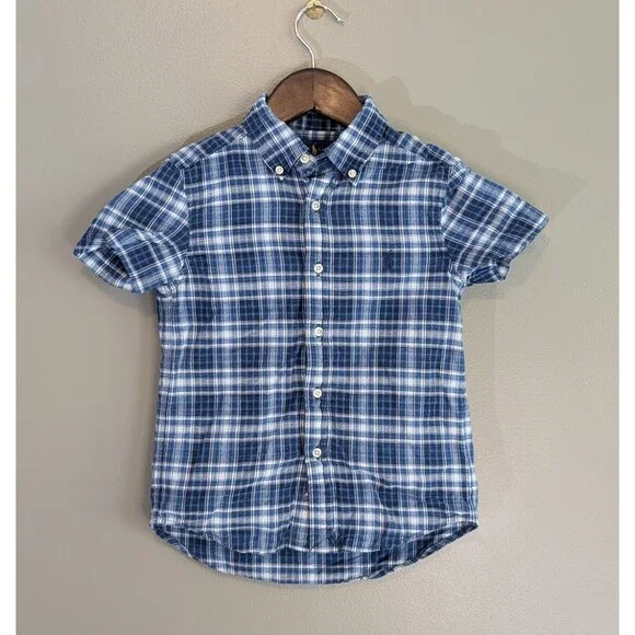 Ralph Lauren Boys 5 Blue Plaid Button Down Short Sleeve Shirt Cotton Kids Preppy