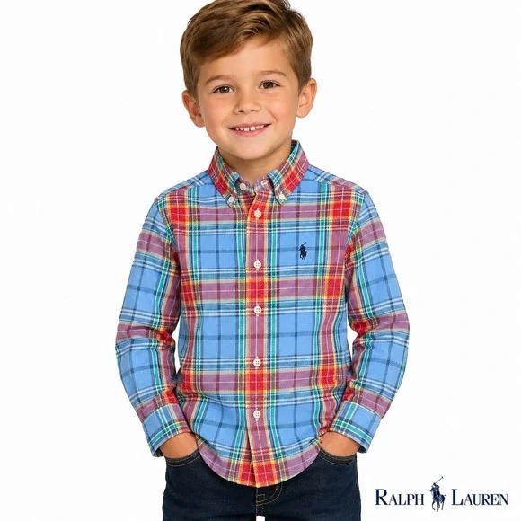 Ralph Lauren Boys Size 5 Plaid Flannel Shirt Blue Red Cotton Twill Button Down