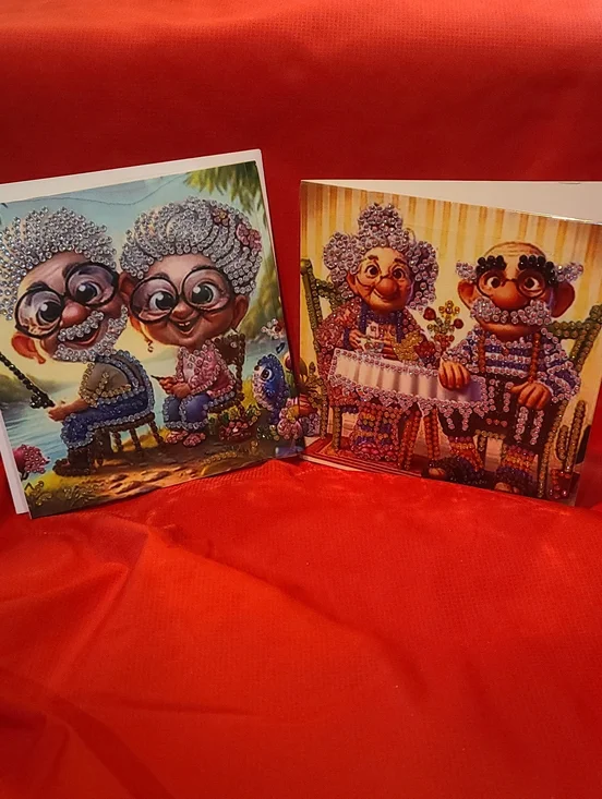 Whimsical Grandparents Diamond Art TWO Greeting Cards- NWT