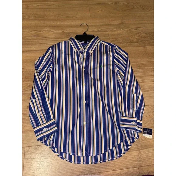 Ralph Lauren Boys Size 7 Striped‎ Button Down Shirt Long Sleeve Blue Yellow NWT