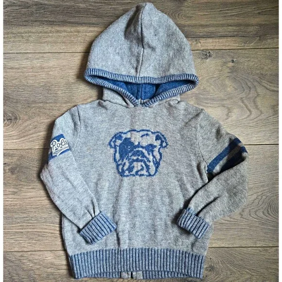 Ralph Lauren Boys 24M Wool Knit Bulldog Sweater Hoodie Full Zip Back Gray Blue