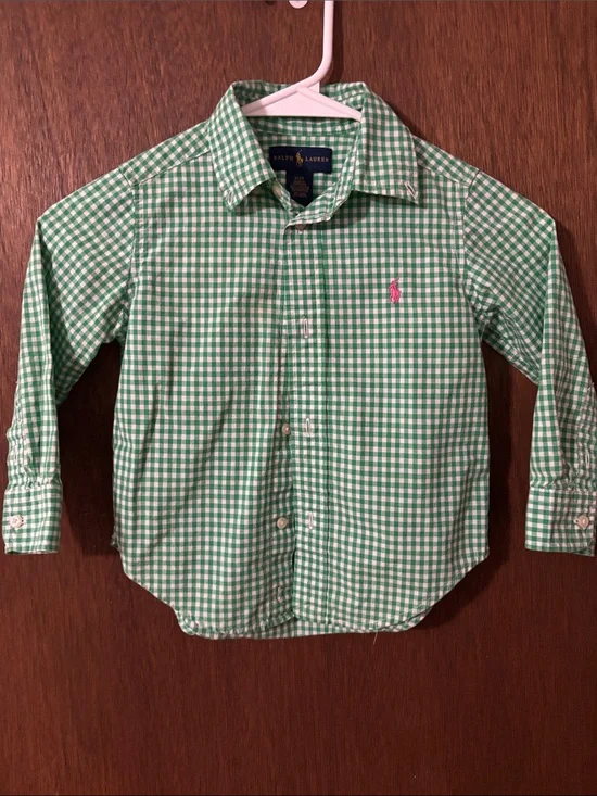Ralph Lauren Green Gingham Button-Down Shirt with Pink Pony