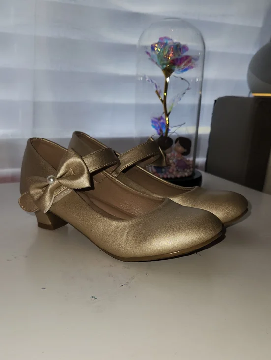 Girls' Gold Mary Jane Low Heel Shoes with Bow