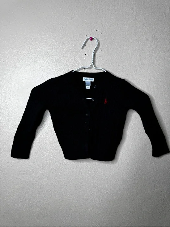 Ralph Lauren Unisex Baby 18M Black Cotton Cable Knit Cardigan Red Pony