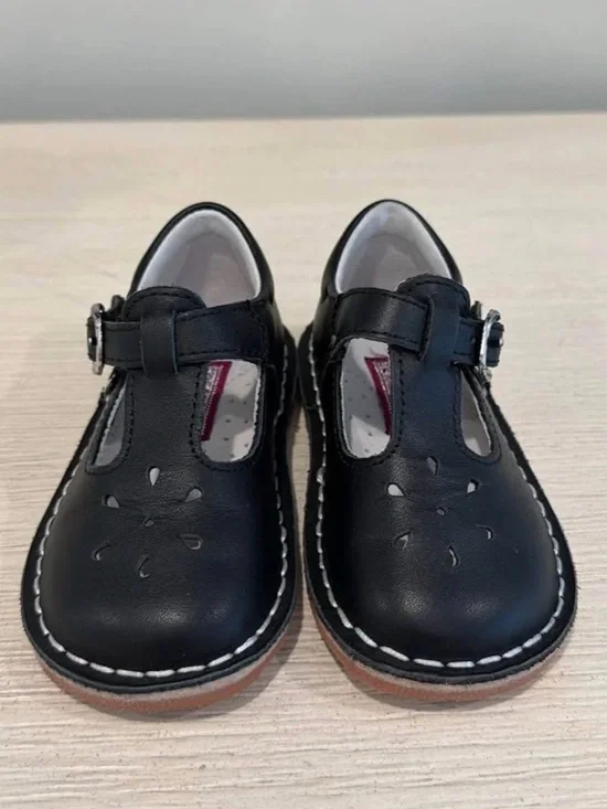 L'Amour Black T-Strap Kids Dress Shoes with Floral Cutouts