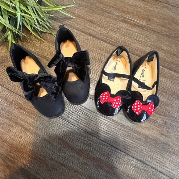Baby Girl Disney Minnie Mouse Black Ballet Flats Bundle‎ of 2 Shoes Size 6-7