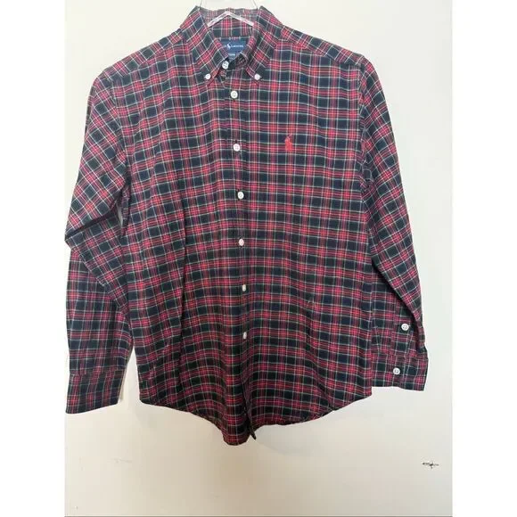 Ralph Lauren Boys Plaid Button Down Shirt M 12/14 Tartan Red Green Blue Holiday