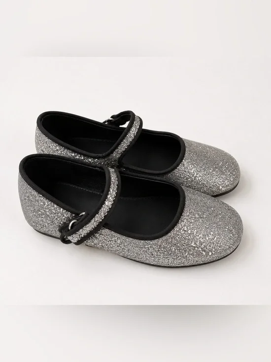 ZABA Kids Girls Glitter Mary Jane Flats Sparkle Silver Strap Shoes‎ Size 27 us 9