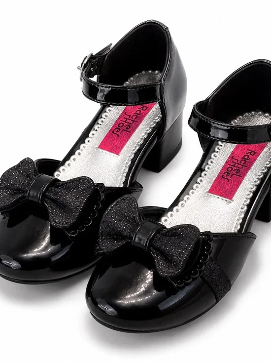 Rachel Shoes Girls Black Patent Glitter Bow Mary Jane Heels Size 8