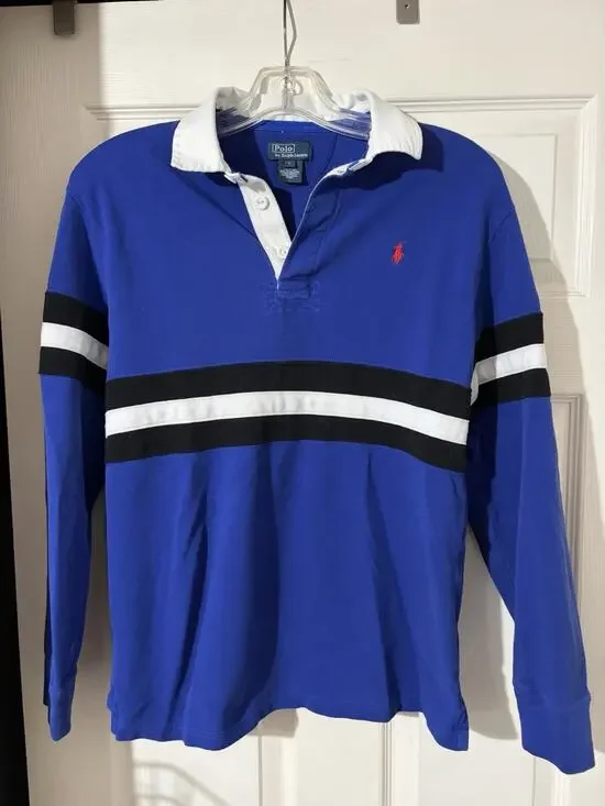 Vintage Boys Polo Blue Striped Rugby Shirt Ralph Lauren Sz L