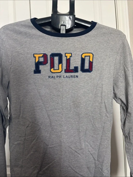 Ralph Lauren Kids Grey Long-Sleeve POLO Logo Tee with Navy Trim