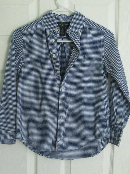 Ralph Lauren Boys Blue White Plaid Oxford Button Down Cotton Dress Shirt Sz S/8