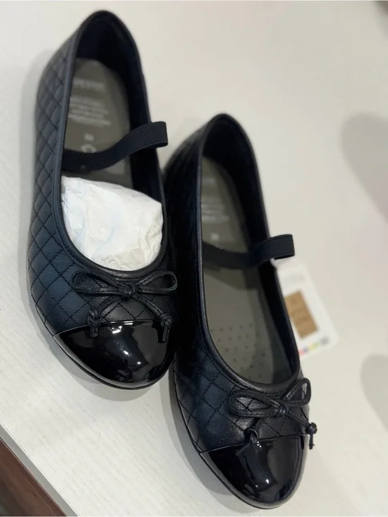 Geox Black Quilted Mary Jane Ballet Flats with Patent Toe