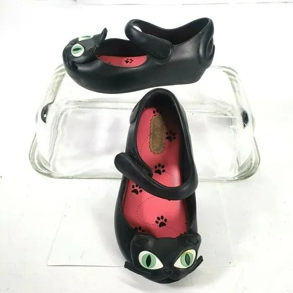 Mini Melissa girls size 7 black‎ cat ultragirl mary jane peep toe hook and loop