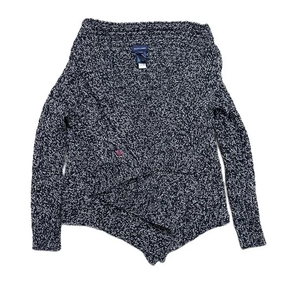 Ralph‎ Lauren Girls Marled Knit Asymmetrical Draped Cardigan Navy White L 12/14