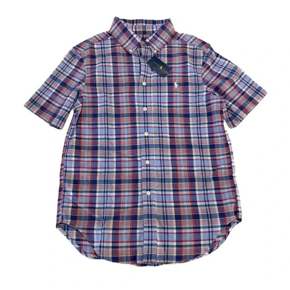 NWT Ralph Lauren Boys Short Sleeve Blue Red Plaid Button‎ Down Shirt M (10/12)