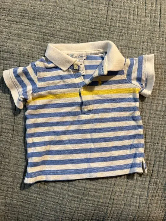 Ralph Lauren Baby Polo Shirt Striped Blue Yellow Top Size 9 Months 100% Cotton