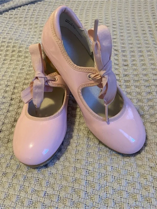 Girls Pink Patent Mary Jane Tap Dance Shoes with Ribbon Tie