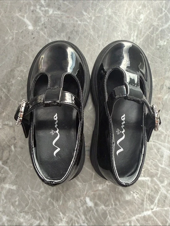 Nina Black Patent Mary Jane Shoes with Rhinestone Buckle