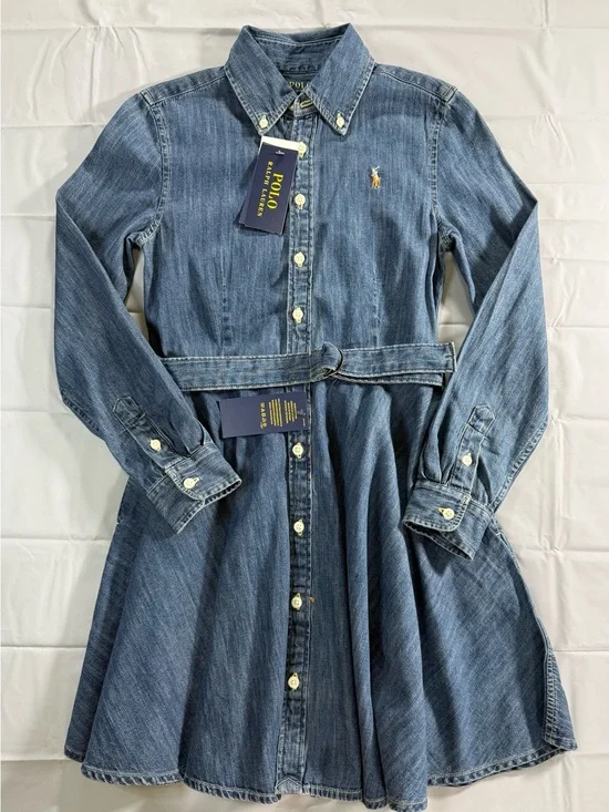 Girl’s Polo Ralph Lauren Blue Denim Belted Shirt Dress Size 10 NEW