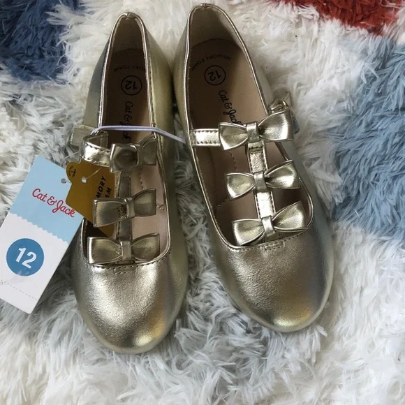 Cat & Jack Girls Gold Metallic Triple-Bow Mary Jane Shoes