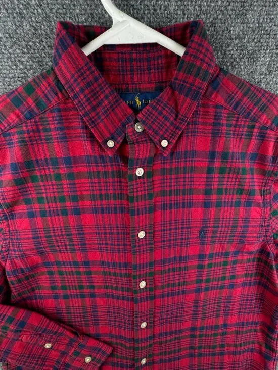 Ralph Lauren Boys Long Sleeve Button Up Oxford Red Blue Plaid XL 18-20 Cotton
