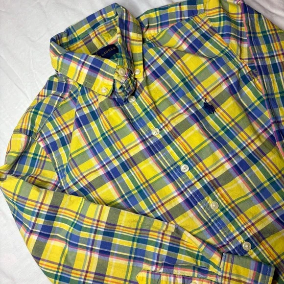 Ralph Lauren Boys‎ Yellow Blue Plaid Button Down Shirt Sz S 8 Long Sleeve Cotton