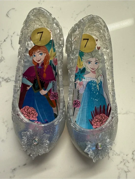 Frozen Disney Girls Clear Glitter Jelly Shoes with Anna & Elsa Art - Size 7