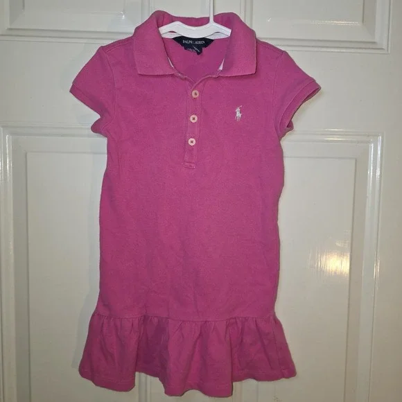Ralph Lauren Girls Dress 4T Polo Neck Drop Waist Pink With White Pony Preppy