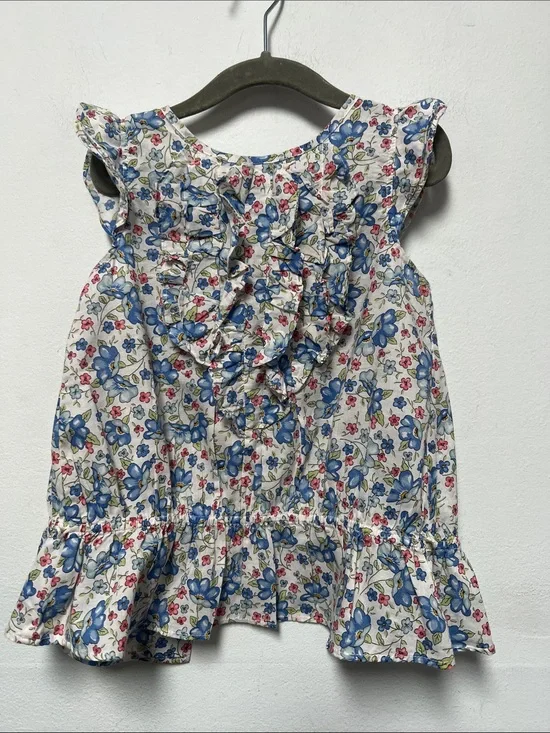 Ralph Lauren White Floral Ruffle Tank with Blue and Pink Accents size 5