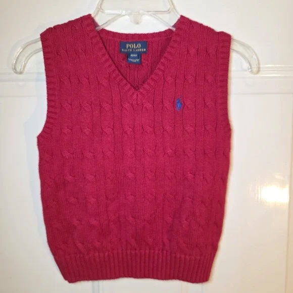 POLO By Ralph Lauren Size 4 Toddler Boys Red Sweater Vest Cotton & Blue Pony