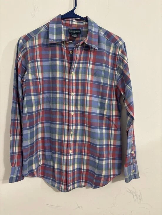 Ralph Lauren Boys Large 14 - 16 Plaid Button Up Youth Polo Logo LS Shirt