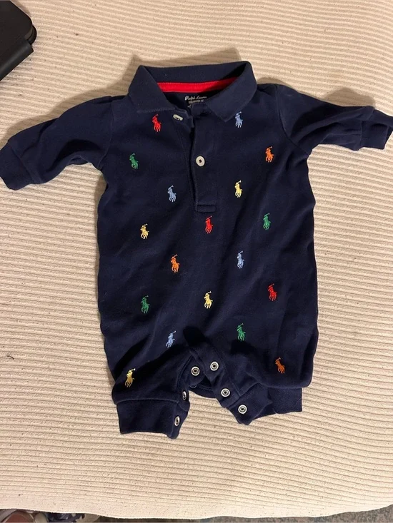Ralph Lauren Navy Polo Romper with Multicolor Pony Logos