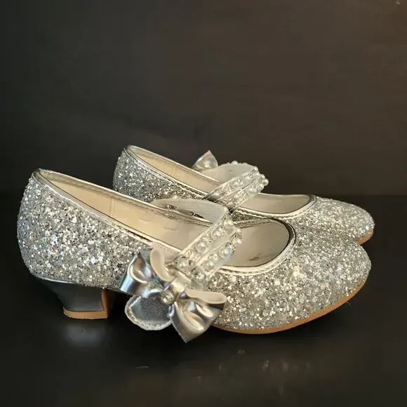 Girls Motasha Low Heel Dress Shoes Silver Glitter Pumps Sz 1 M Pearls & Beads