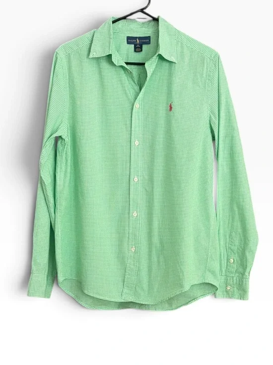 Ralph Lauren Youth Green Gingham Button Down Pink Pony Logo Dress Shirt Sz XL
