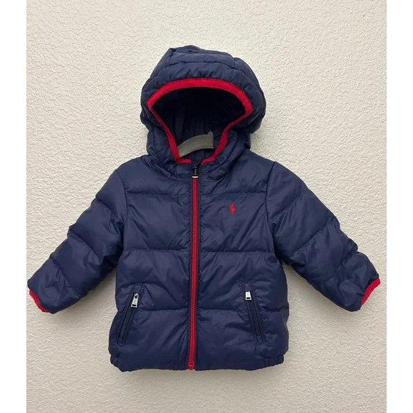 Ralph Lauren Navy Blue Down Puffer Hooded Jacket Size 12 Months Packable Bag