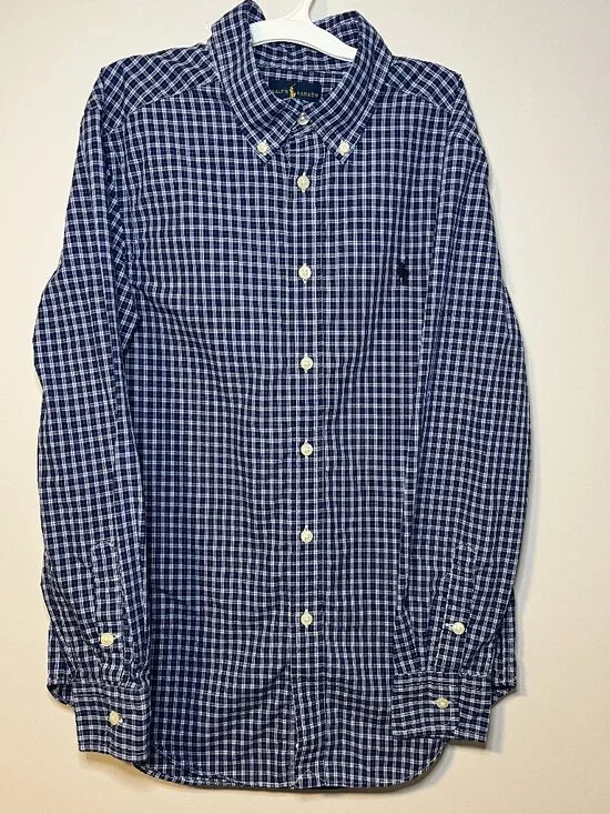 Ralph Lauren Boys Medium 10/12 Button Down Shirt Navy Gingham Plaid Pony Cotton