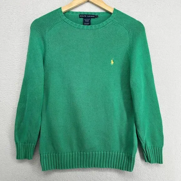 RALPH LAUREN Sweater Youth Kids L Chunky Round Neck Pullover Jumper Cotton Green