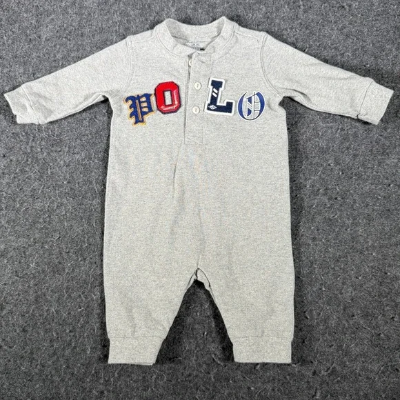 Ralph Lauren Baby Boys Gray Varsity Logo Henley Long Sleeve Coverall 3M 60