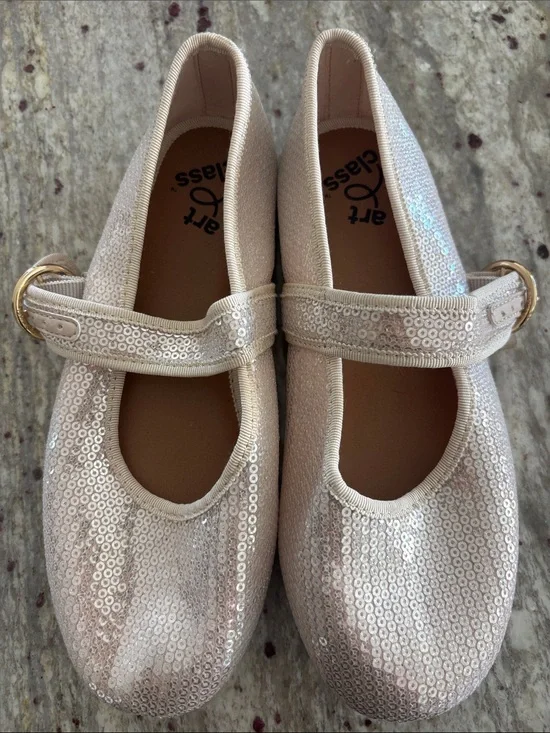 art class Pink Sequin Mary Jane Flats with Gold Buckles