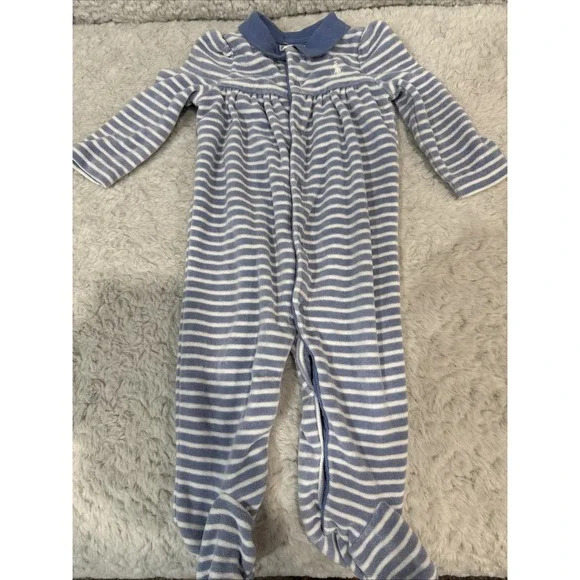 EUC Polo Ralph Lauren Blue & White Striped Velour Footie Size 6M Perfect Cond