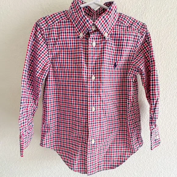 Ralph Lauren 3/3T Button-Down Shirt Red Blue Gingham Plaid Long Sleeve Cotton