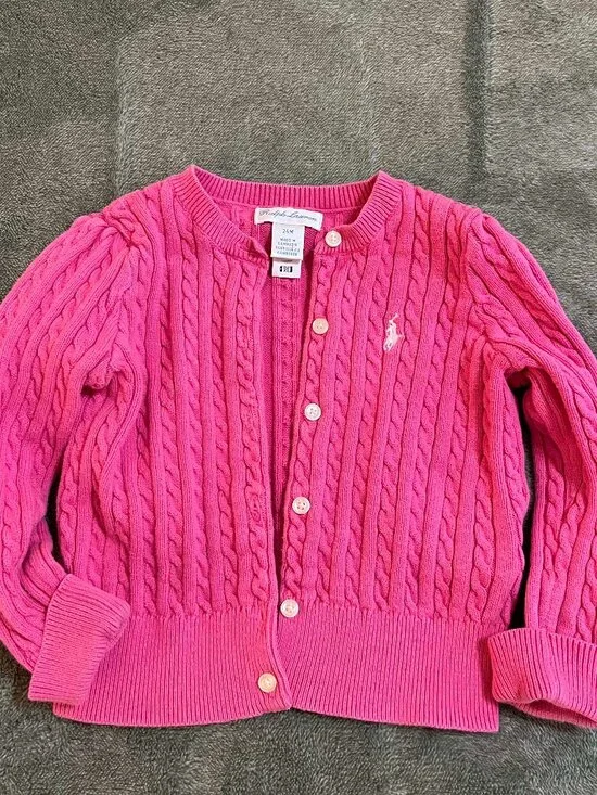 Ralph Lauren infant 24M girls pink cable cardigan cotton sweater white pony