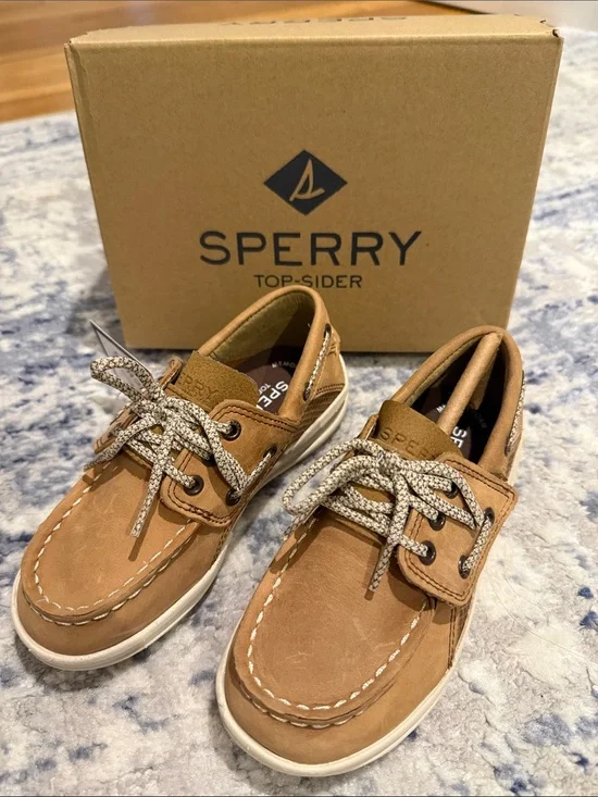 Sperry Kids Tan Leather Boat Shoes with Patterned Laces