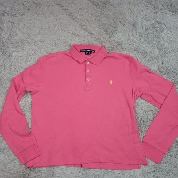 Ralph‎ Lauren Sport Boys Shirt Polo Pink L Logo Pony Cotton Button Collar