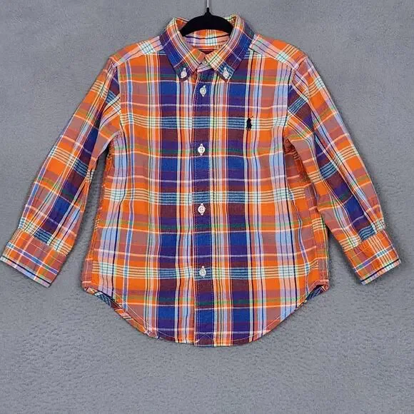 RALPH LAUREN Shirt Boys 2T Orange Blue Plaid Long Sleeve Button Down Pony Logo