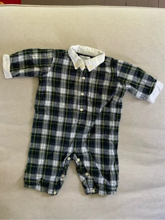 Ralph Lauren Green and White Plaid Button-Front One-Piece